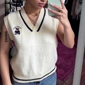 Cream V-Neck Knit Sweater Vest with Contrast Trim